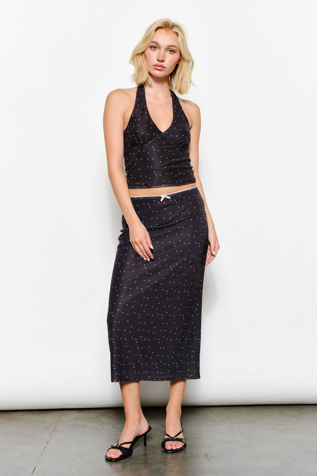 GENEVA POLKADOT MESH HALTER NECK TOP