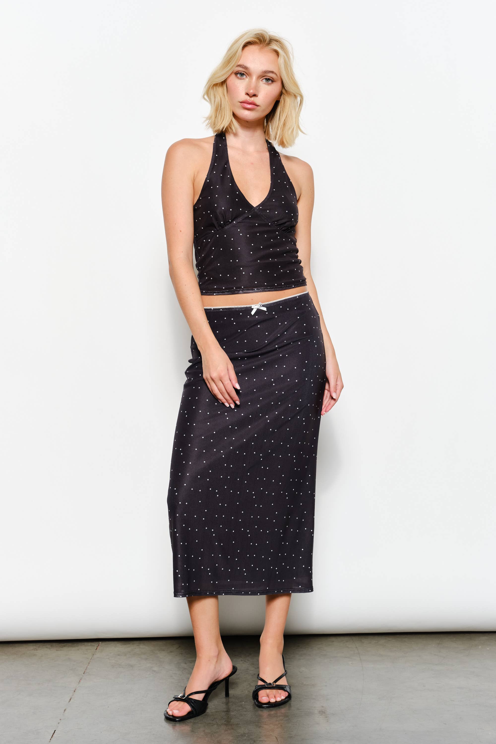GENEVA POLKADOT MESH HALTER NECK TOP