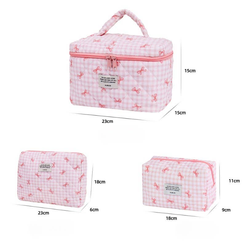 Sweet Color Block Plaid Bow Cosmetic Bag