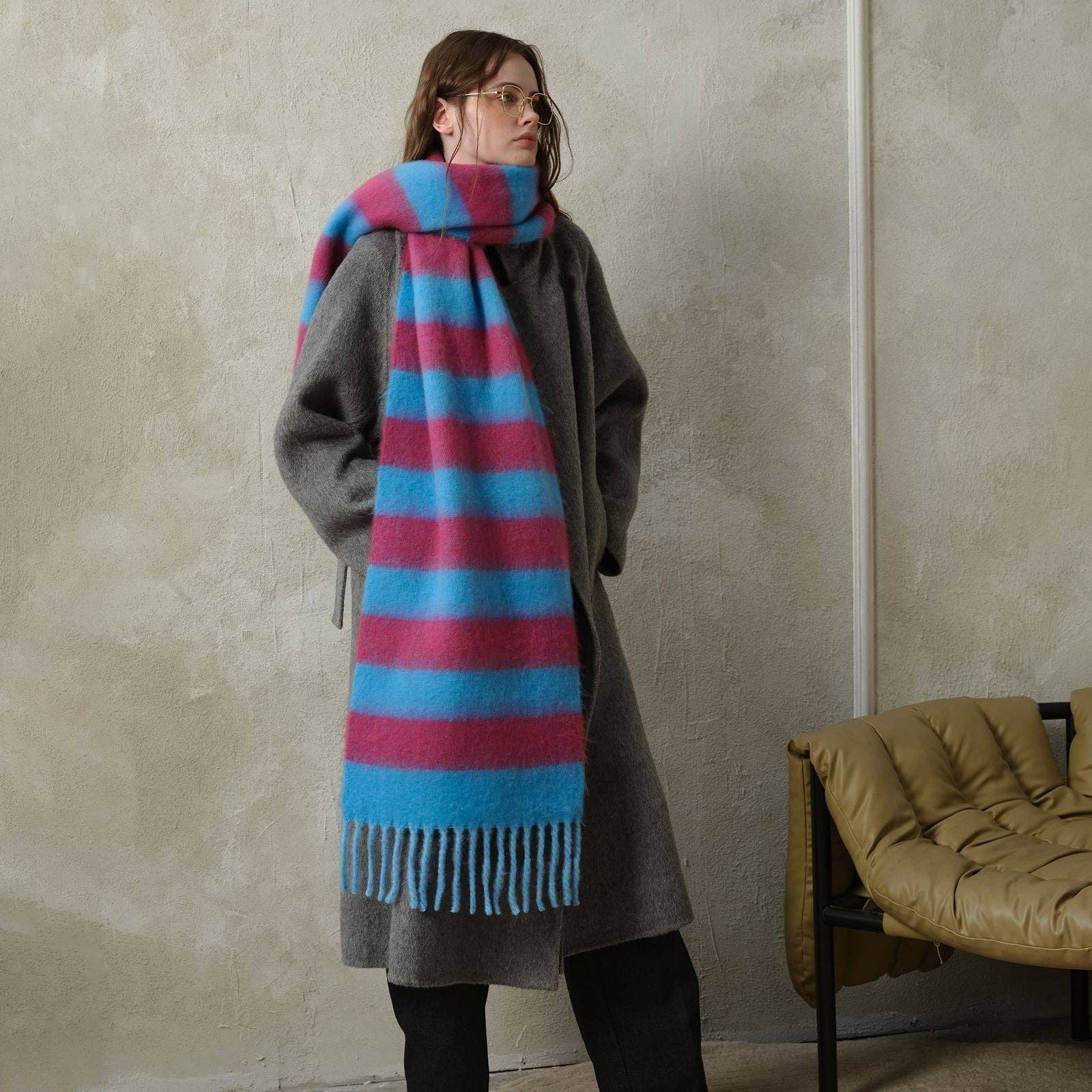 Striped Color Block Thicken Tassel Warm Scarf