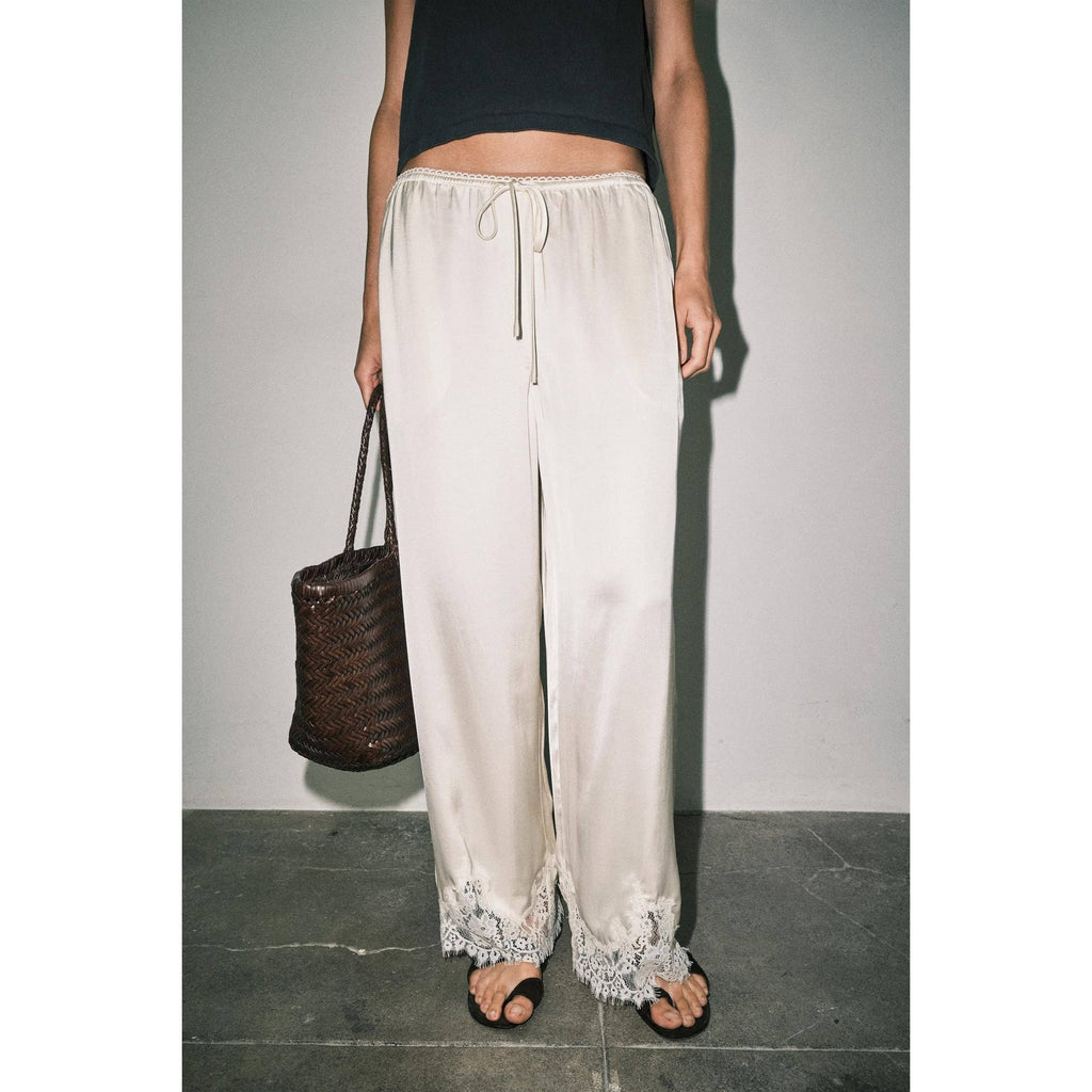 MIREYA SATIN LACE HEM WIDE LEG PALAZZO PANTS
