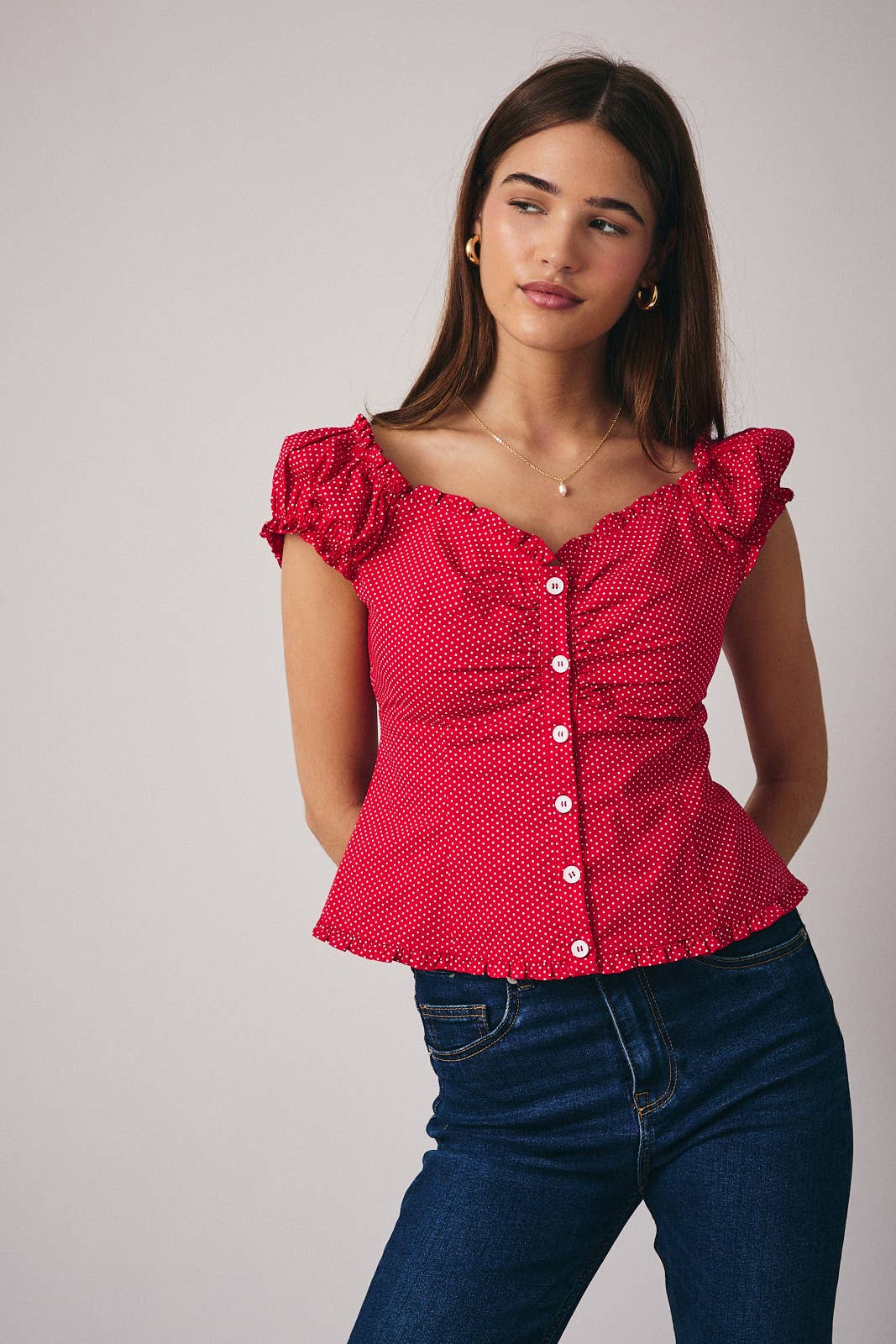Cap Sleeve Button Down Polka Dot Top