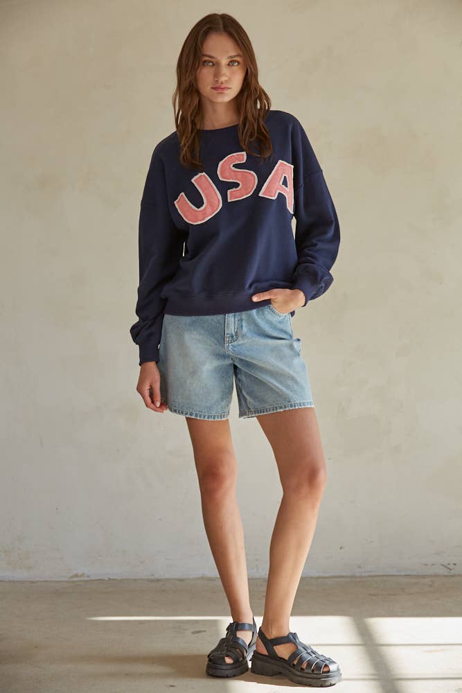 Knit Cotton Pullover Top With USA Patch Work