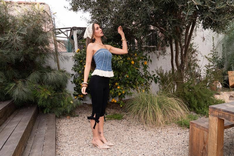Denim Tube Top With Eyelet Frilled Hem