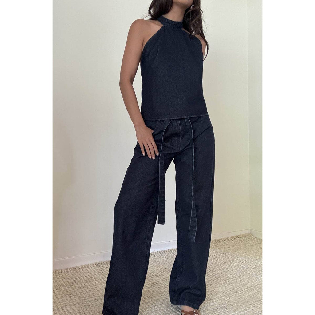 Self-Tie Belt Loose Baggy Fit Denim Pants