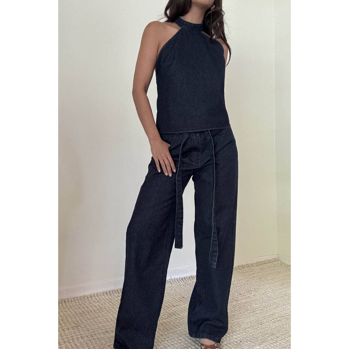 Self-Tie Belt Loose Baggy Fit Denim Pants