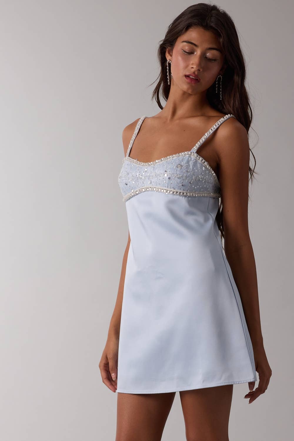 Jeweled Bust Point Soft Color Plain Mini Dress