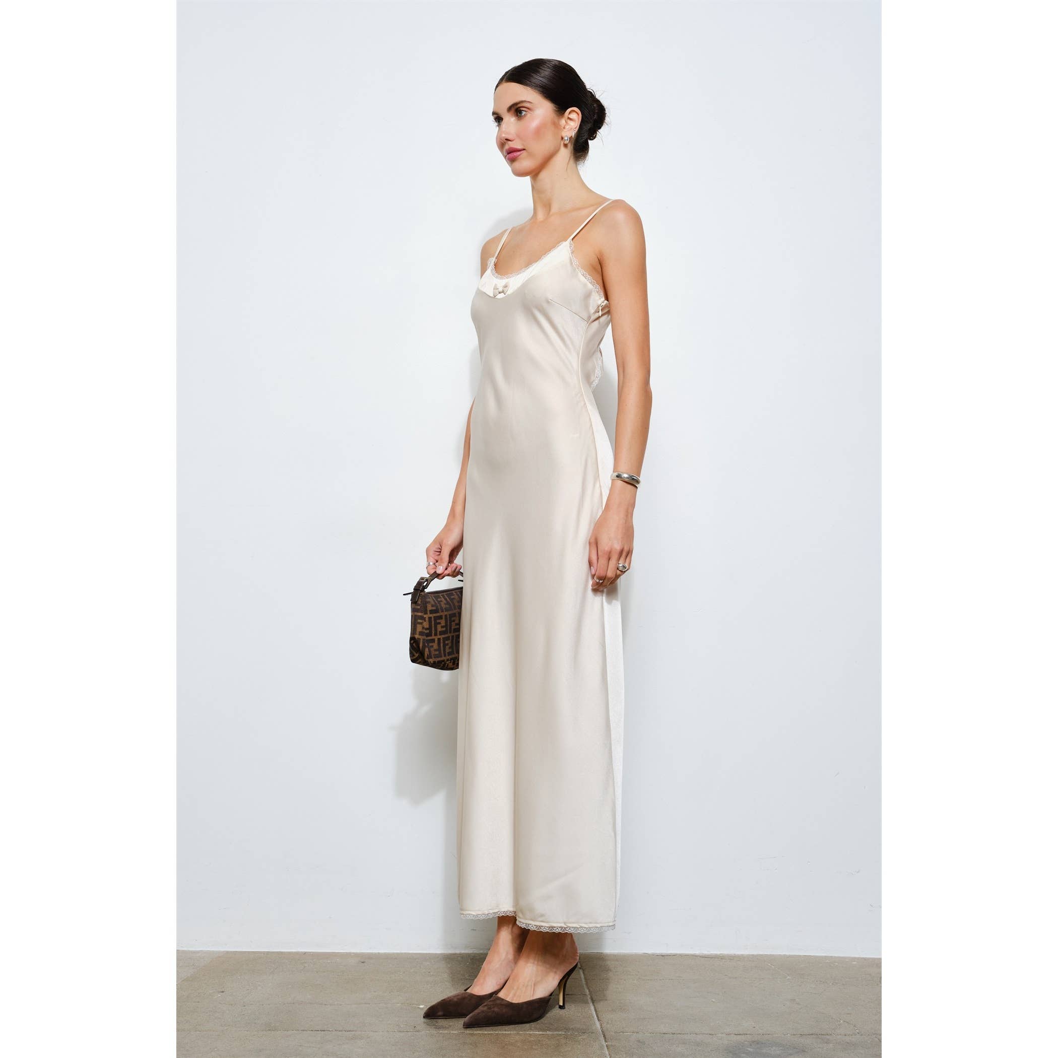 Genevieve Open Back Slip Dress in Ivory Satin