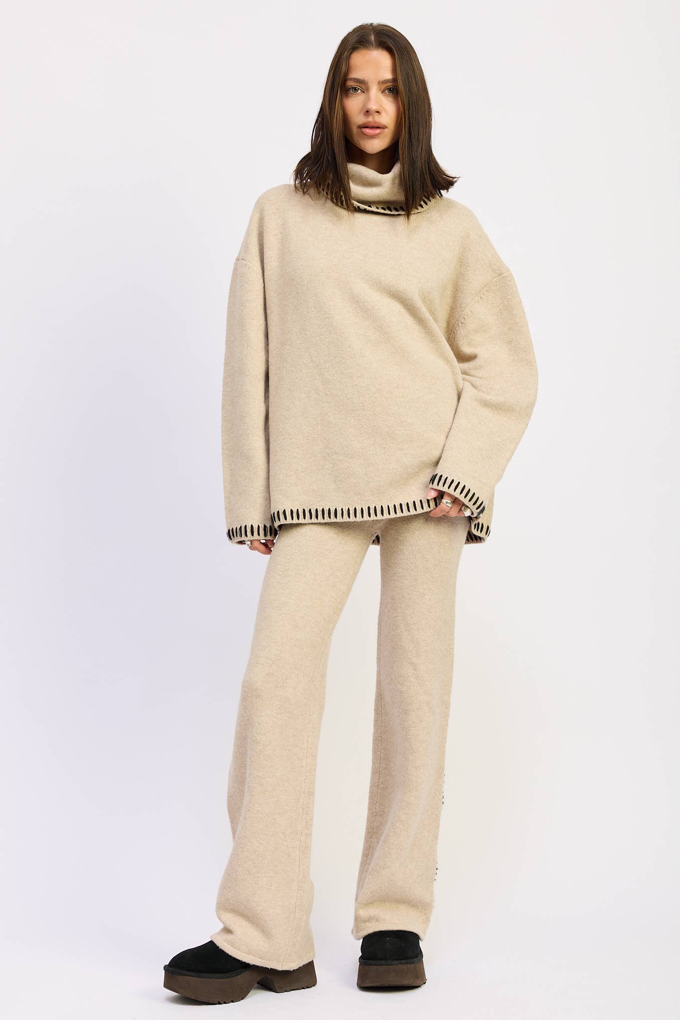Wide Leg Pants with Blanket Stitching