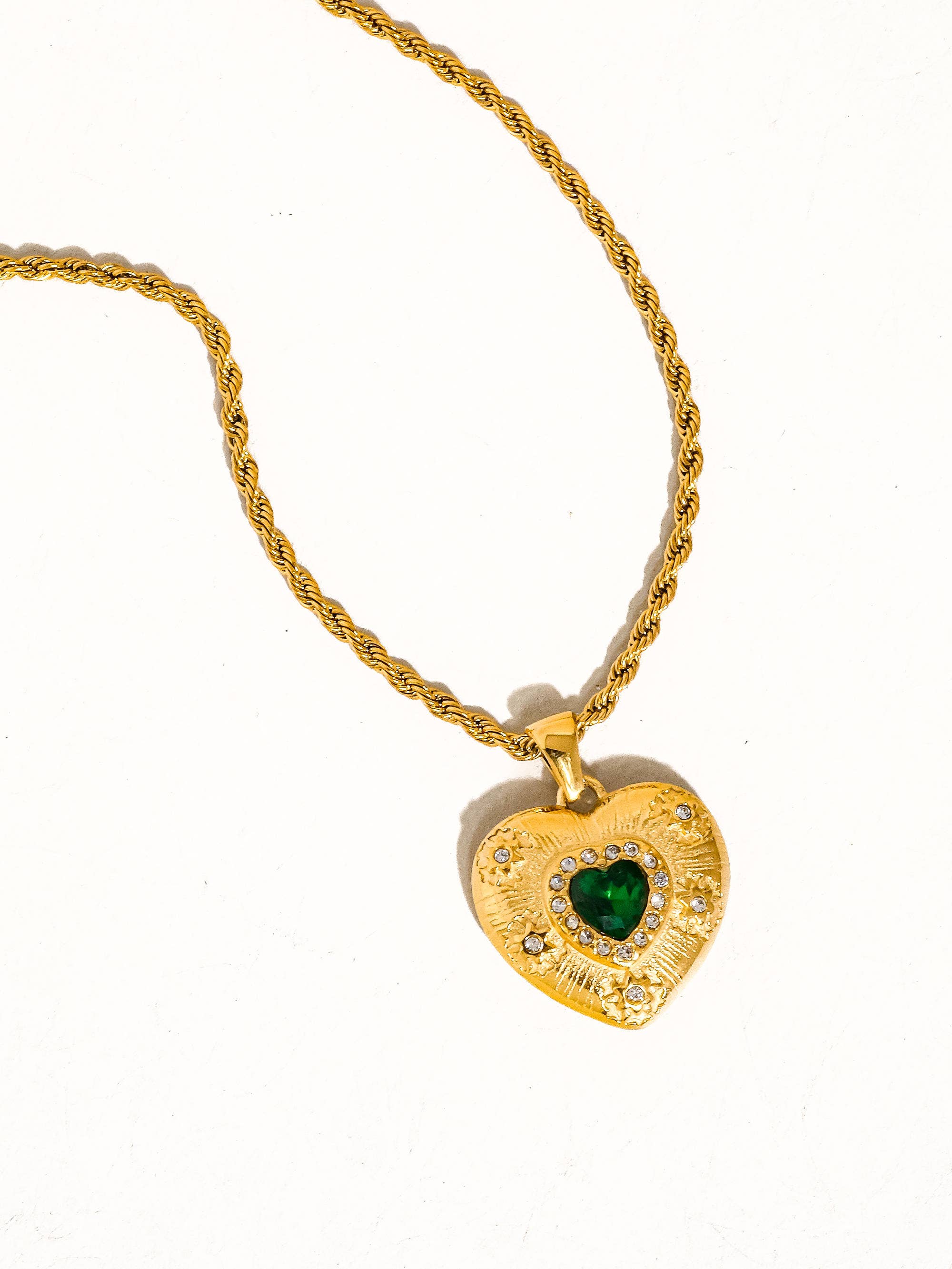 18K Gold Non-Tarnish Green Heart Necklace