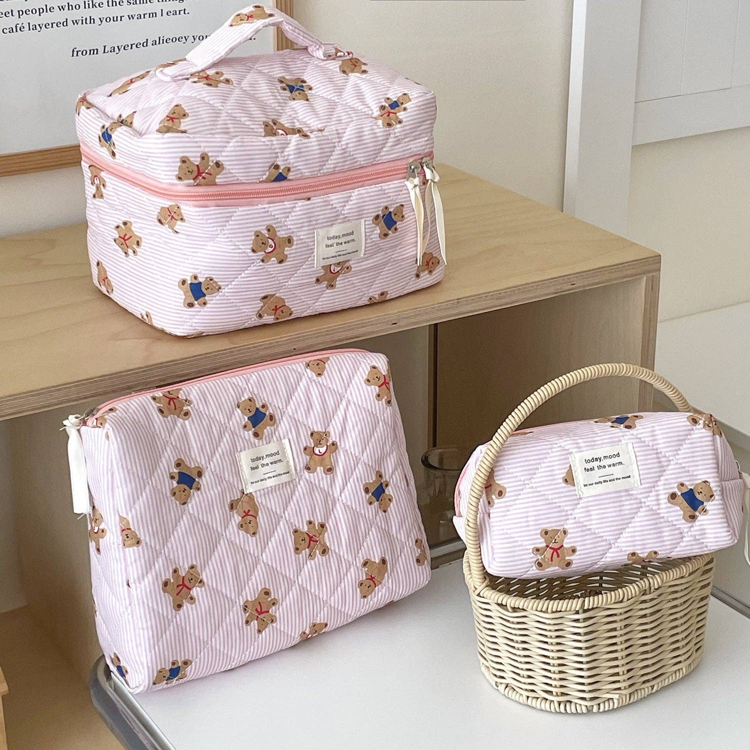Cute Bear Print Striped Make Up Bag