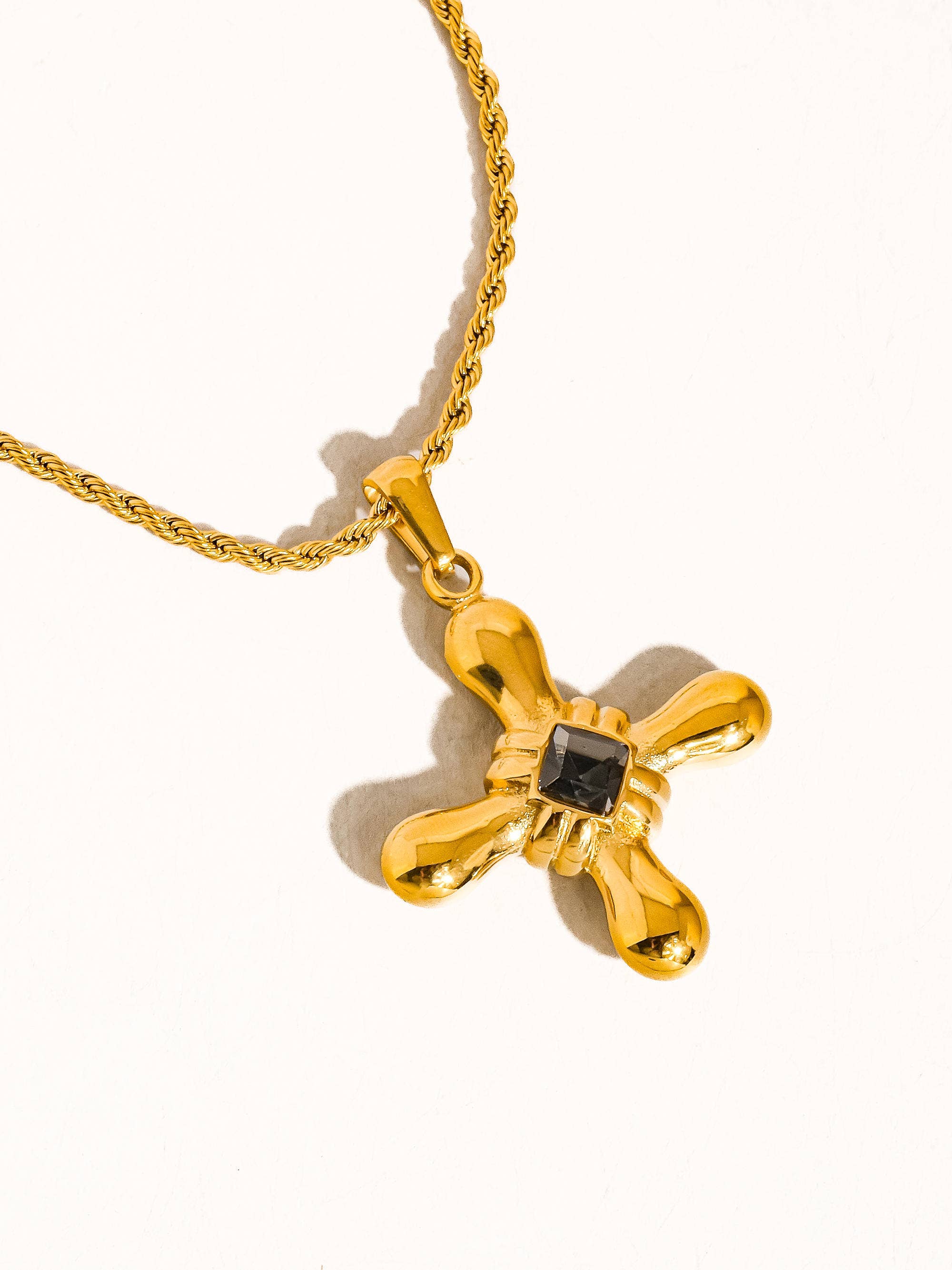18K Gold Non-Tarnish Stone Cross Necklace