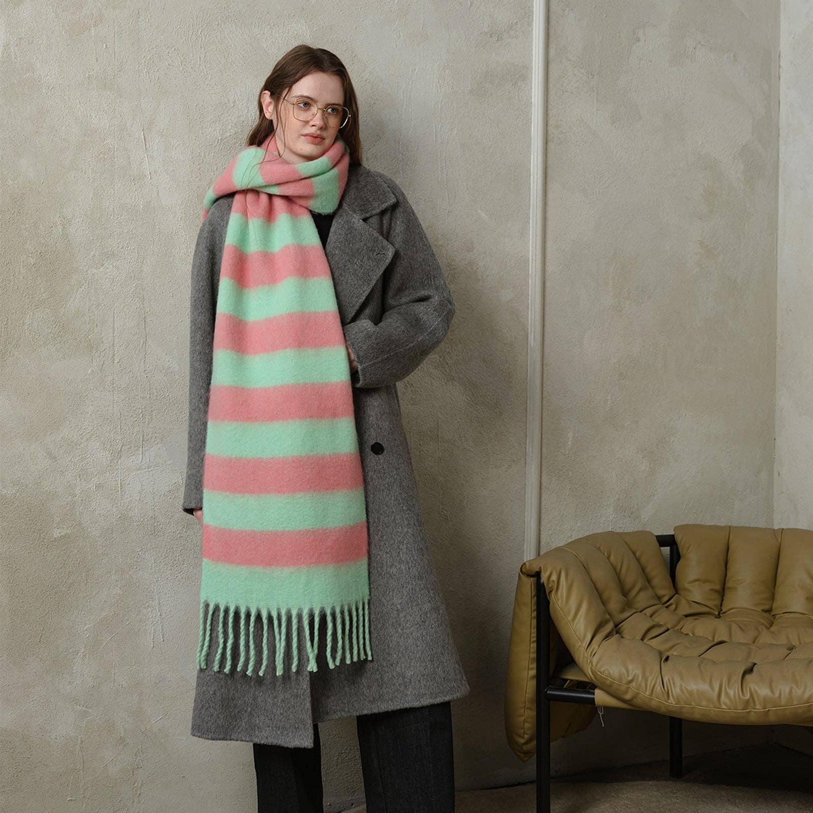 Striped Color Block Thicken Tassel Warm Scarf
