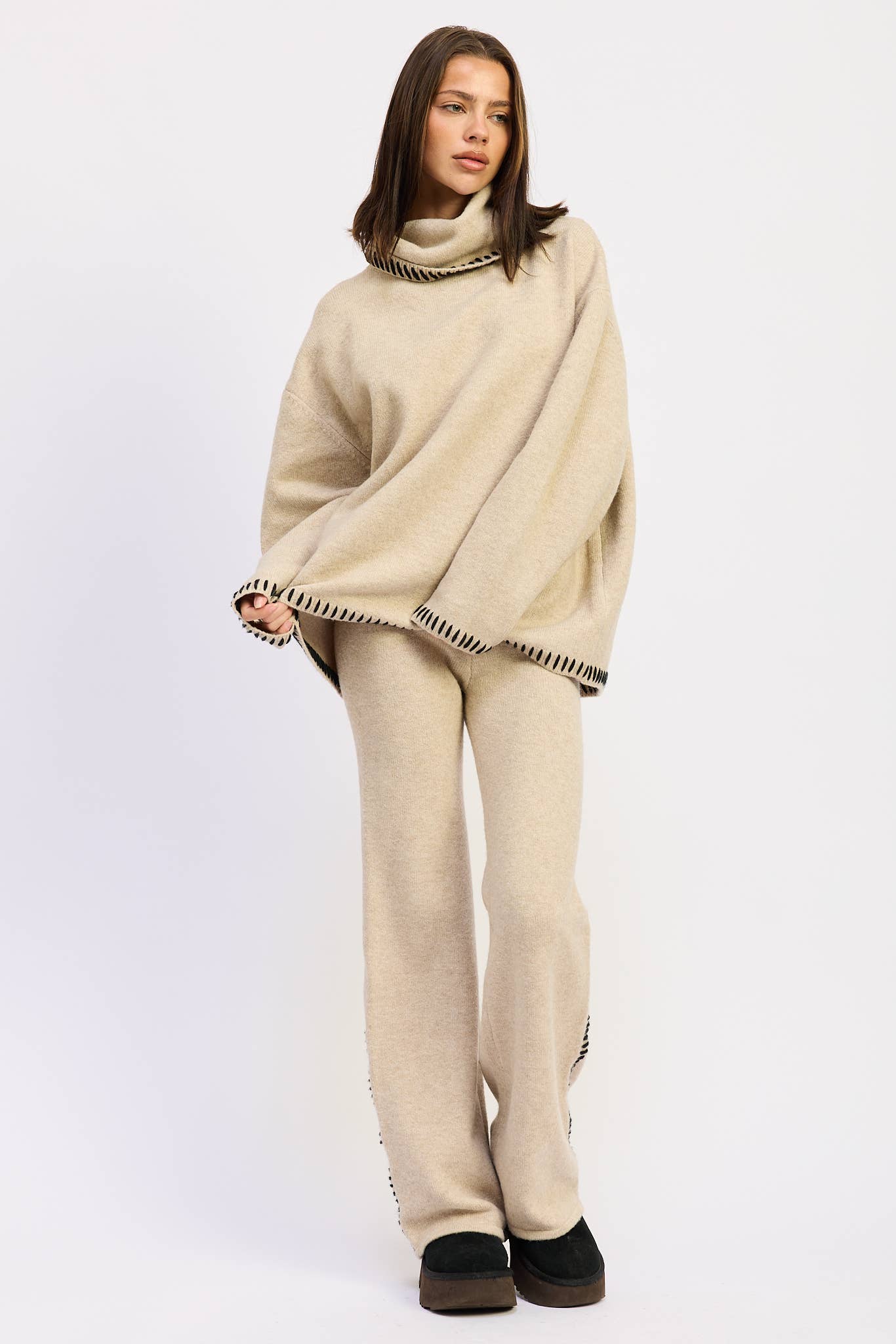 Wide Leg Pants with Blanket Stitching