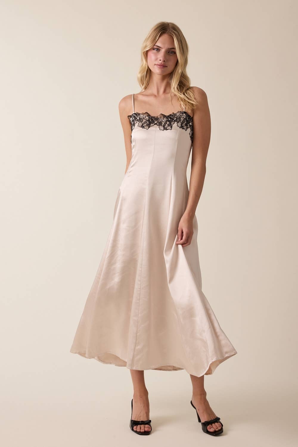 Satin Black Floral Lace Bust Sleeveless Midi Dress