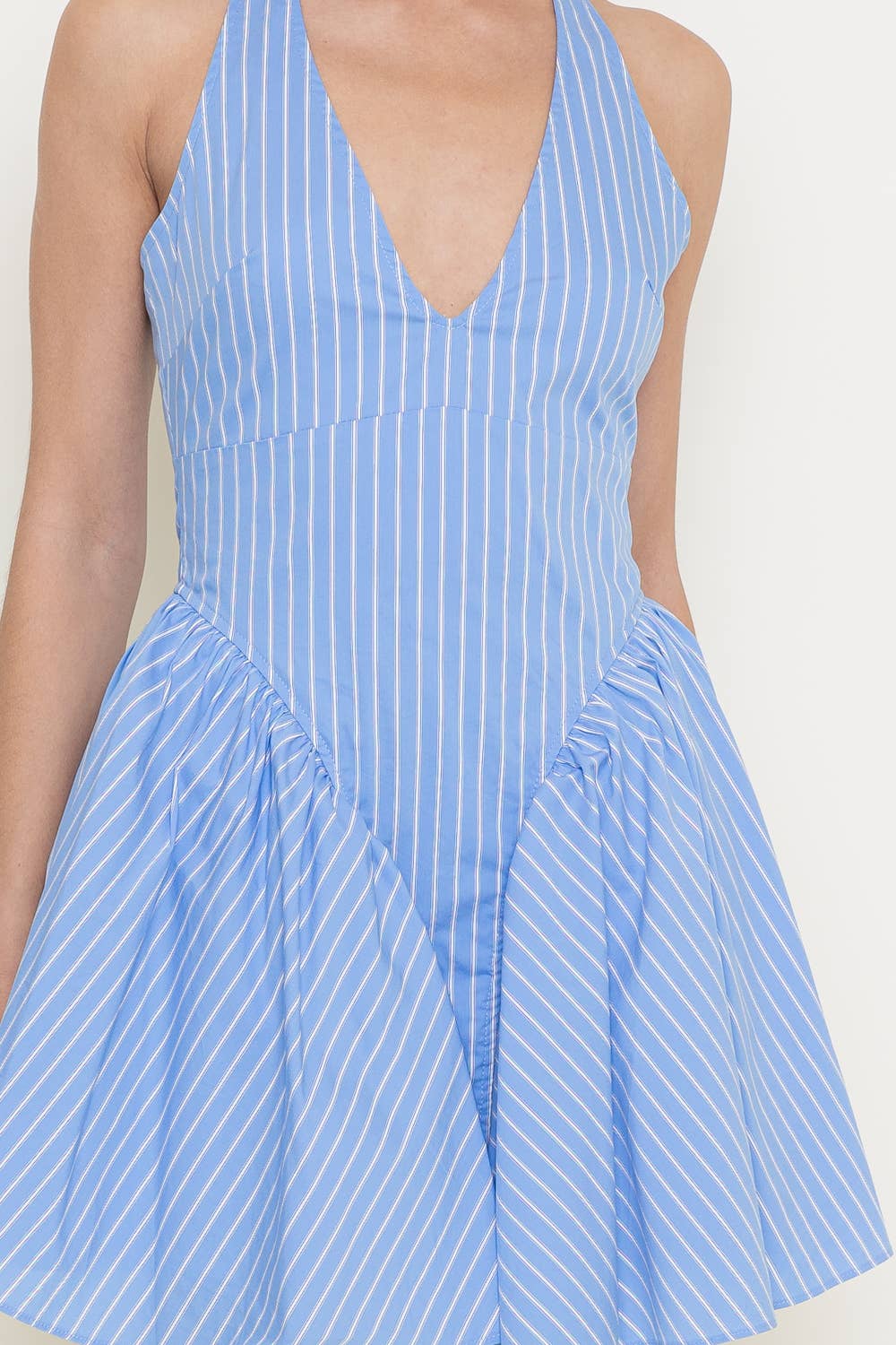 OPEN BACK STRIPE V NECKLINE BUBBLE HEM MINI DRESS