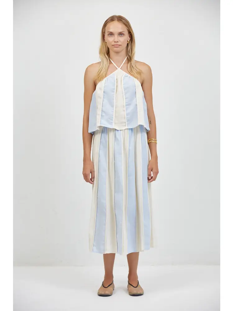 LINEN STRIPED HALTER NECK SLEEVELESS CROP TOP