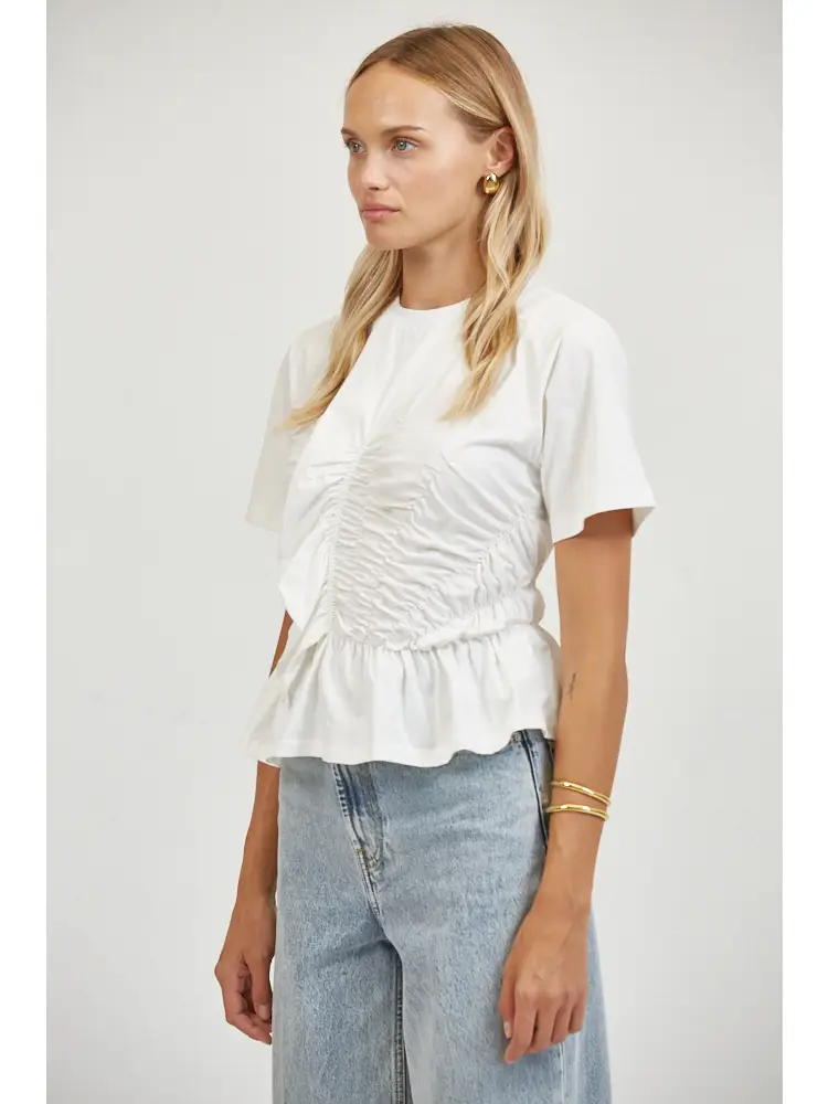 SMOCKED ROUND NECK SHORT SLEEVE TOP