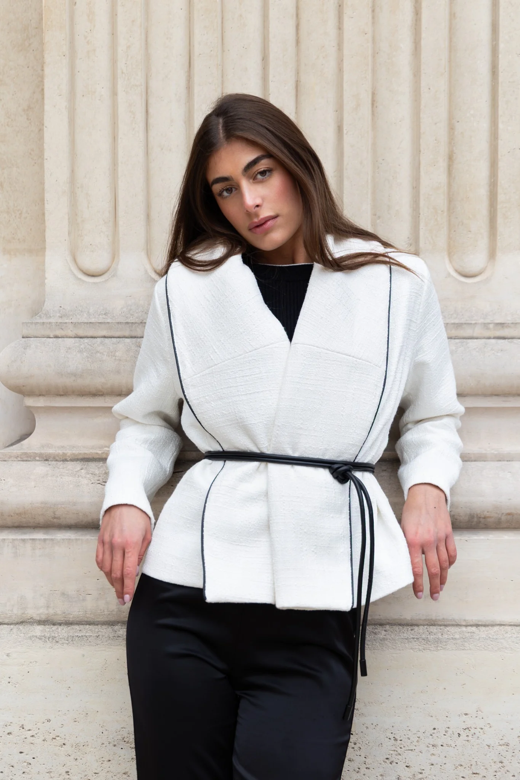 Boucle Jacket with Leather Tie Belt