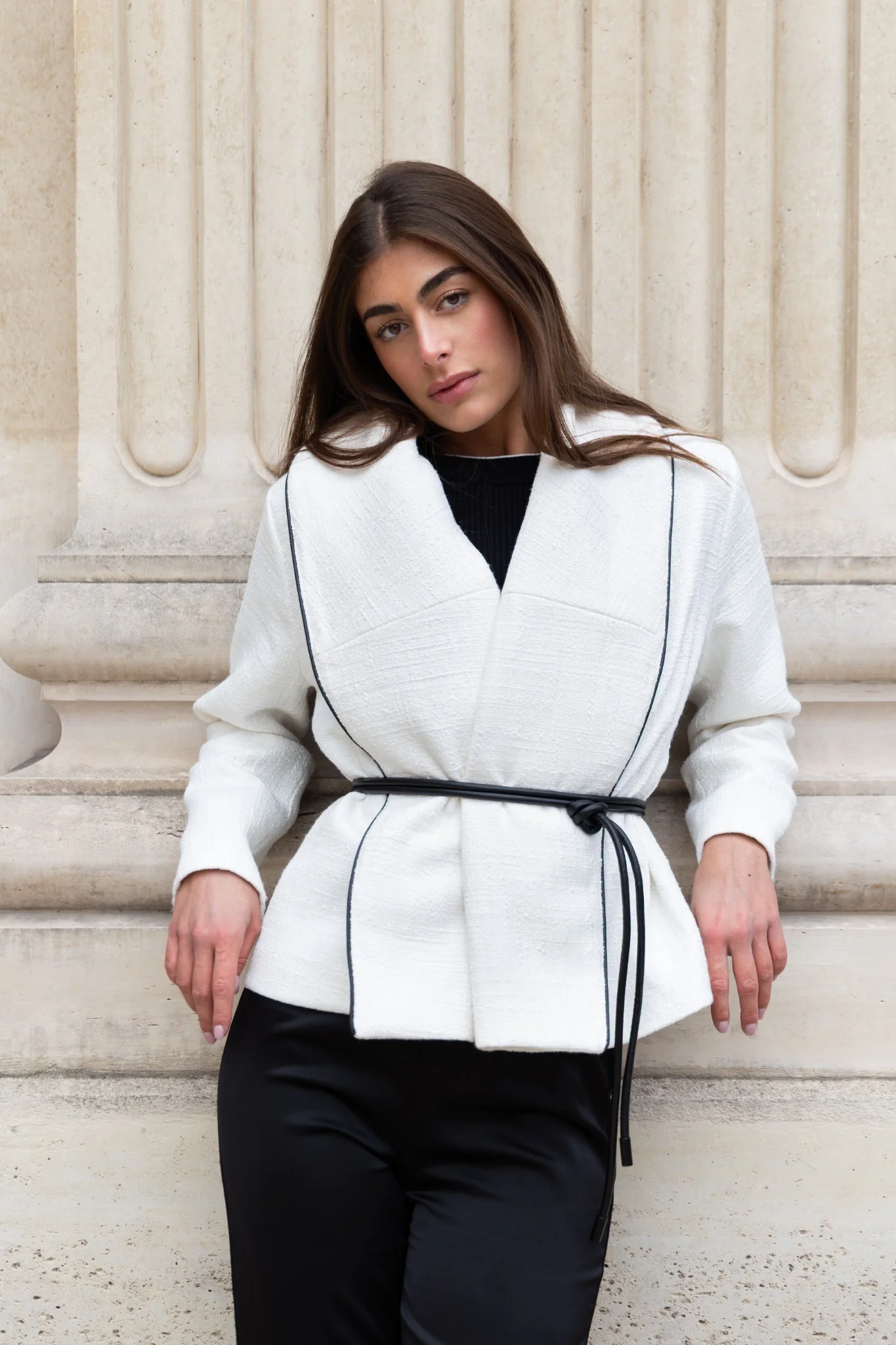 Boucle Jacket with Leather Tie Belt