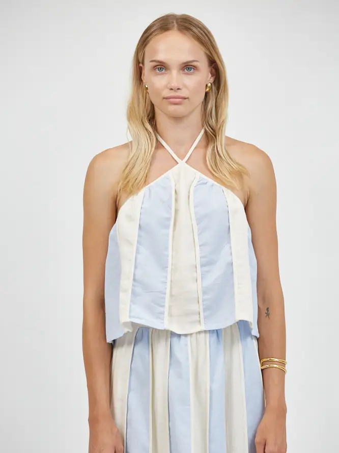 LINEN STRIPED HALTER NECK SLEEVELESS CROP TOP