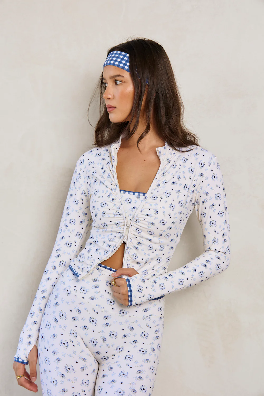 Astoria LUXE BALANCE Ruched Zip Up Jacket - Blueberry Gingham