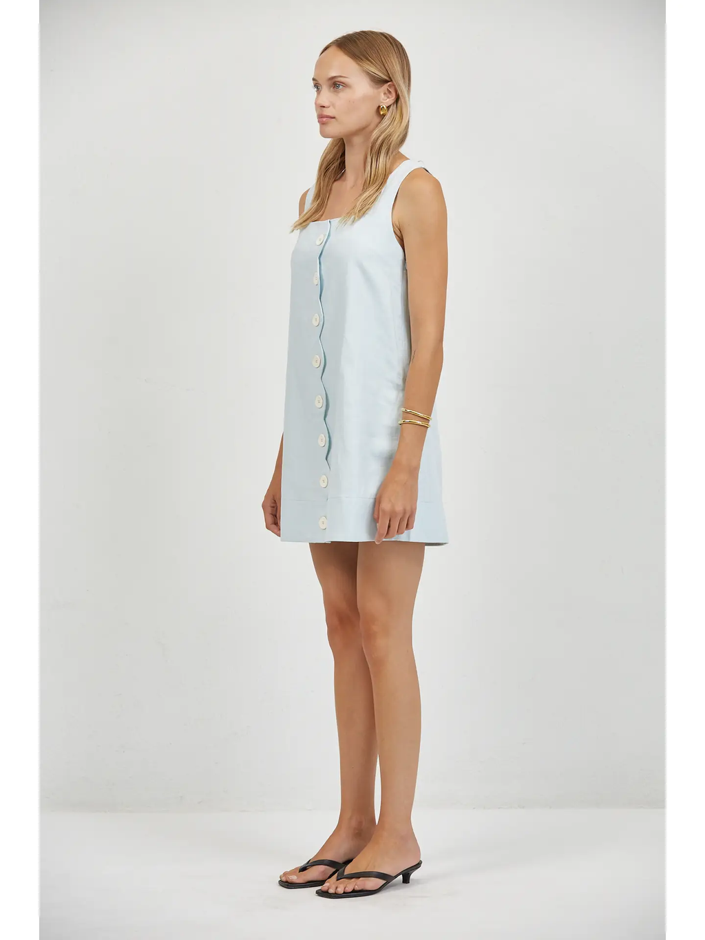 LINEN SCALLOP SQUARE NECK SLEEVELESS MINI DRESS