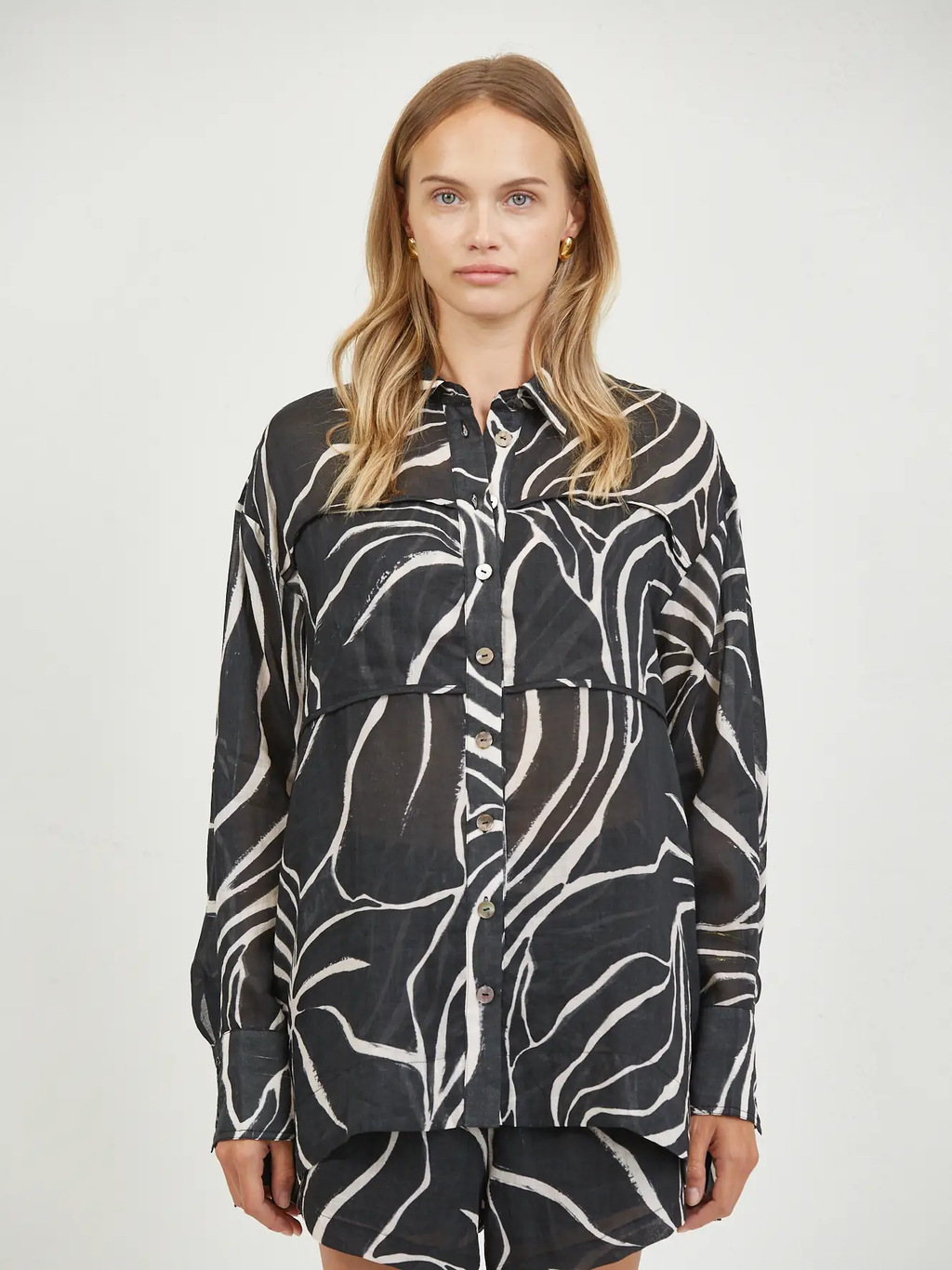 LINEN PRINT COLLAR NECK LONG SLEEVE SHIRT TOP