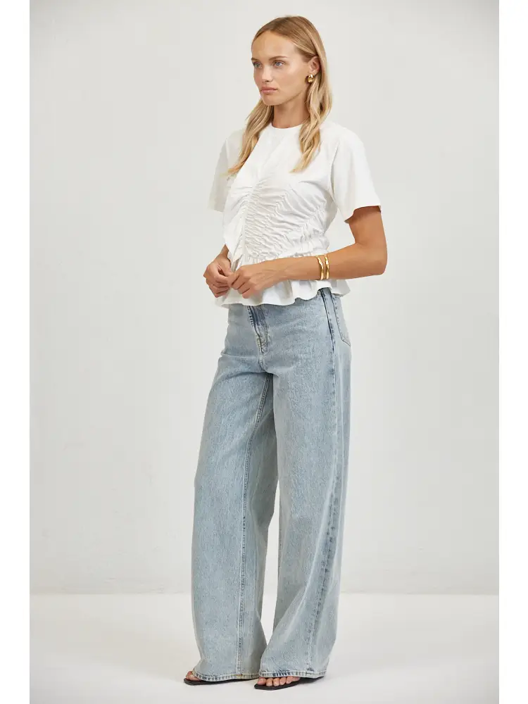 SMOCKED ROUND NECK SHORT SLEEVE TOP