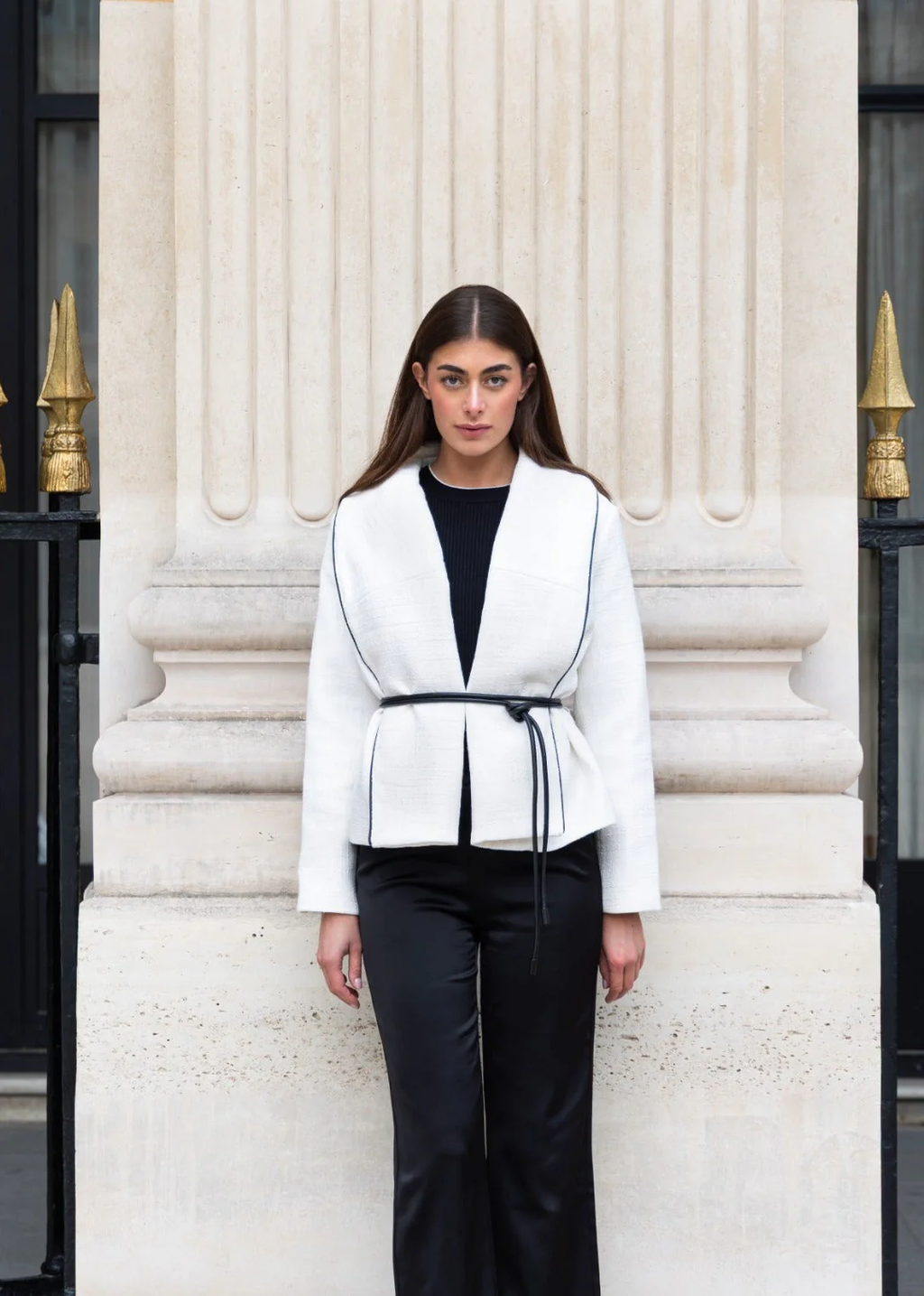 Boucle Jacket with Leather Tie Belt