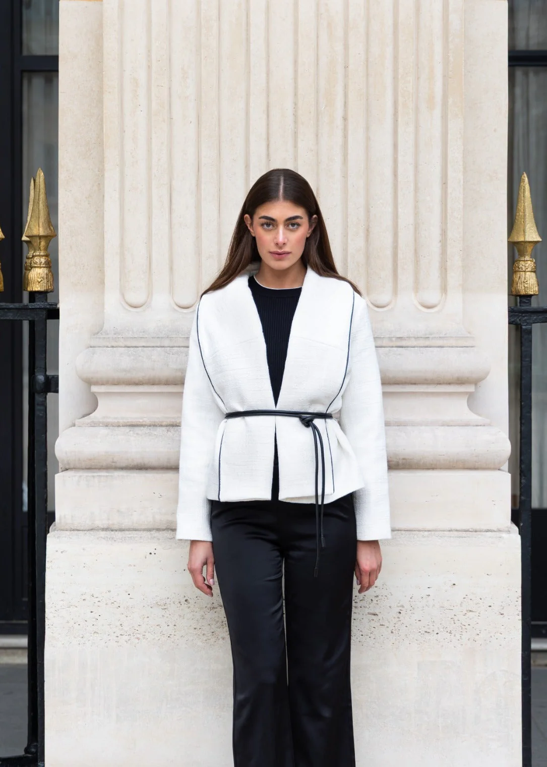 Boucle Jacket with Leather Tie Belt