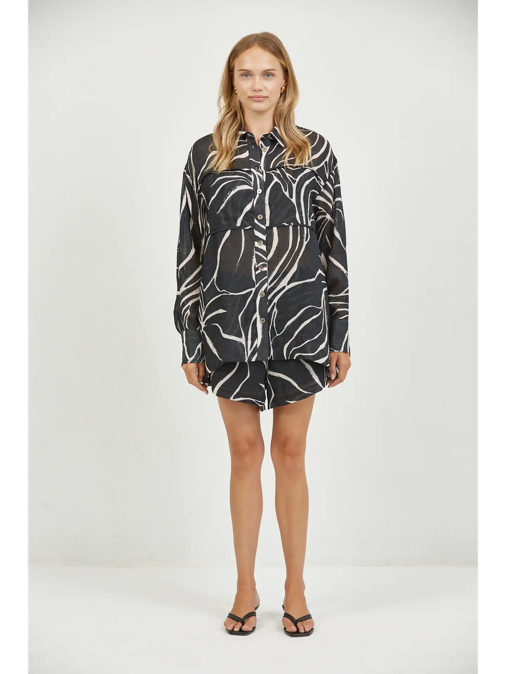 LINEN PRINT COLLAR NECK LONG SLEEVE SHIRT TOP