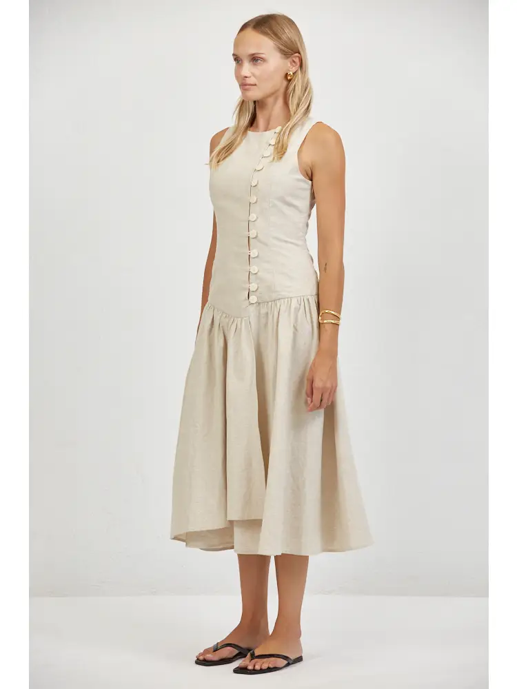 LINEN ROUND NECK SLEEVELESS MIDI DRESS