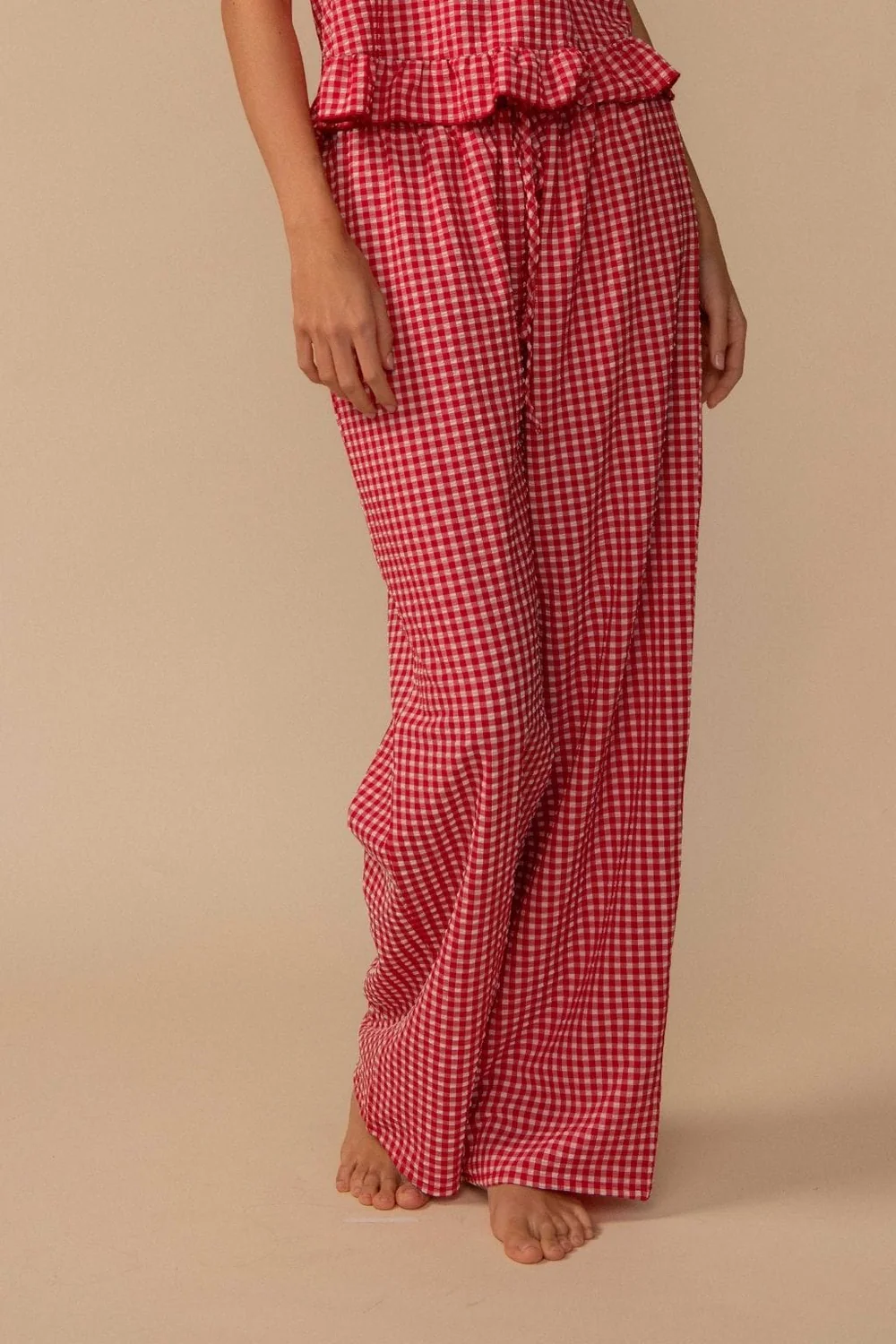 RED MICRO GINGHAM DRAWSTRING WIDE-LEG PANT