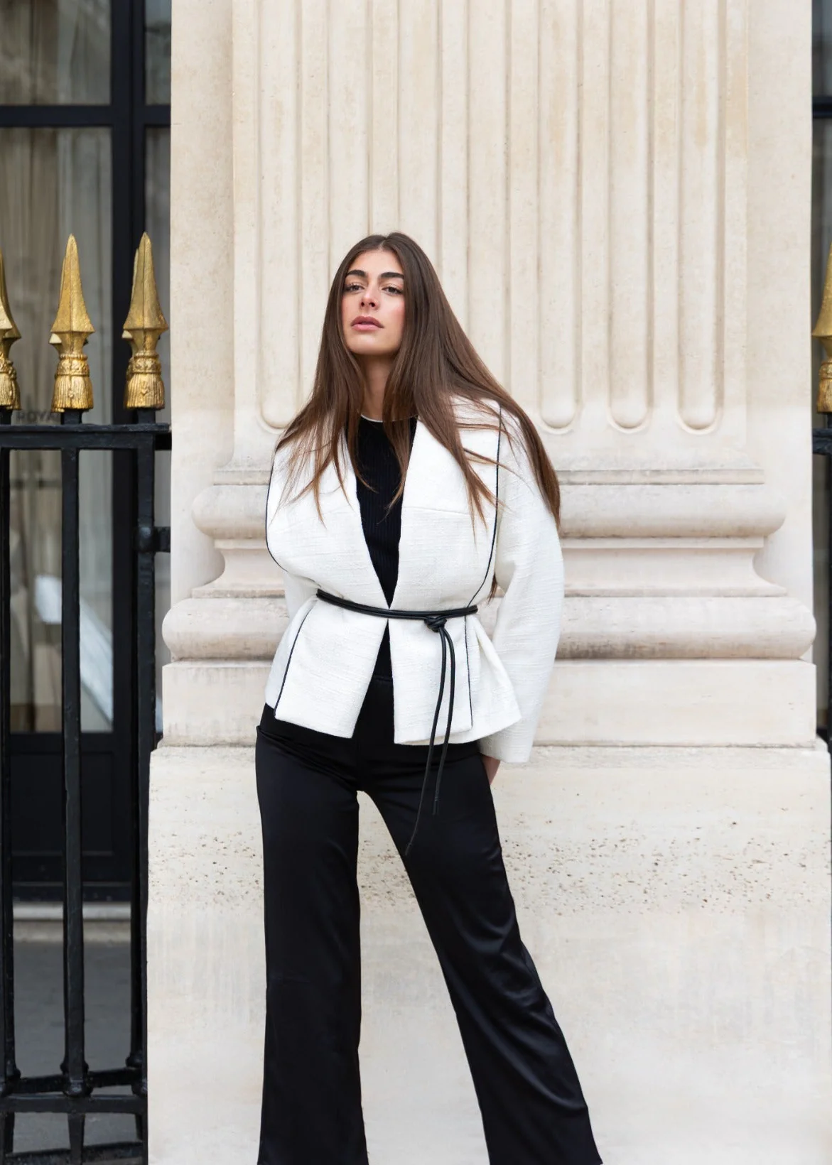 Boucle Jacket with Leather Tie Belt