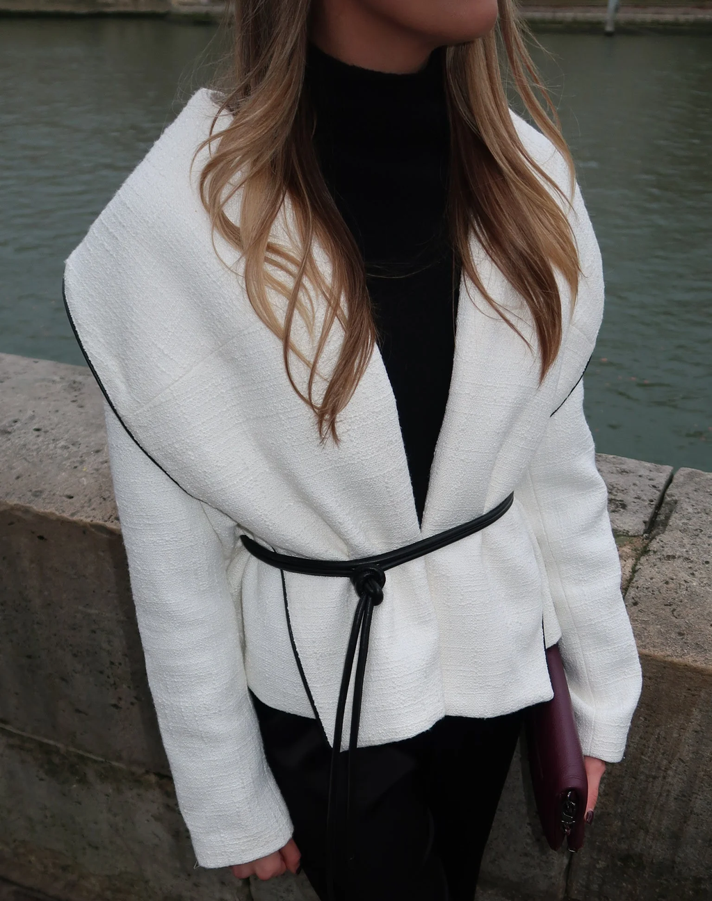Boucle Jacket with Leather Tie Belt