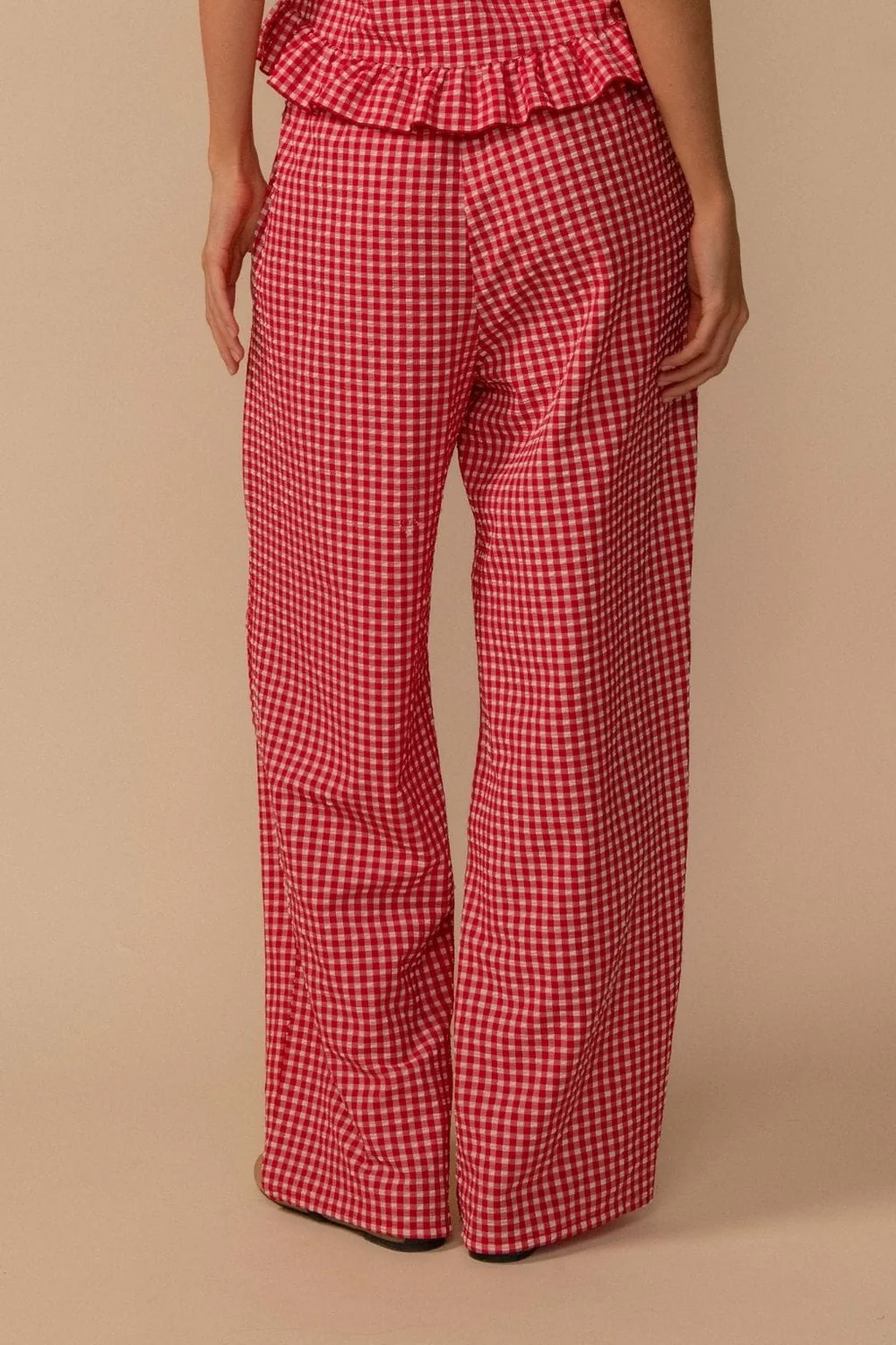 RED MICRO GINGHAM DRAWSTRING WIDE-LEG PANT