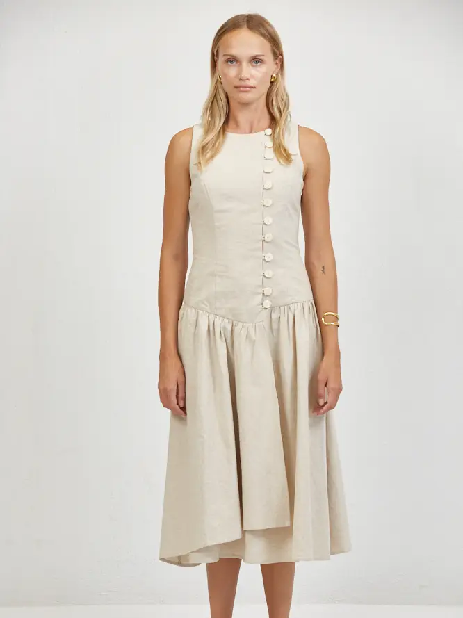 LINEN ROUND NECK SLEEVELESS MIDI DRESS