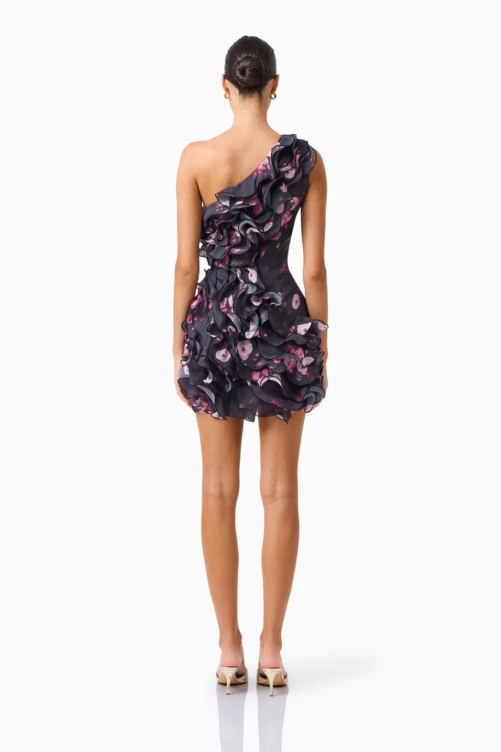 FLORISSE RUFFLE MINI DRESS IN BLACK & PINK FLORAL