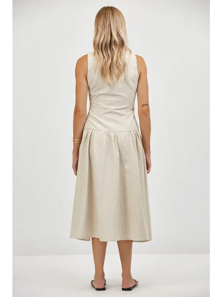LINEN ROUND NECK SLEEVELESS MIDI DRESS