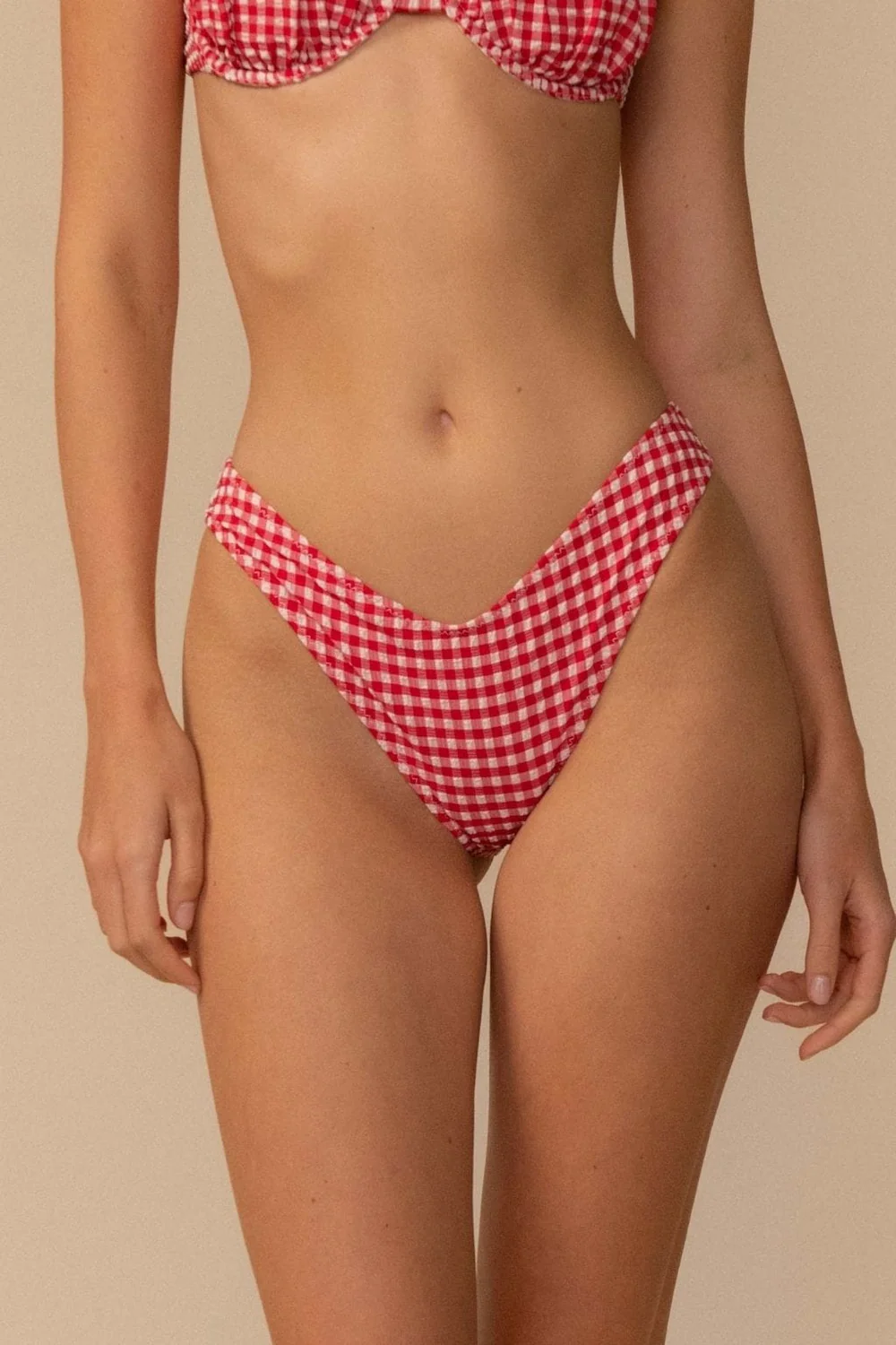 RED MICRO GINGHAM LULU (ZIG-ZAG STITCH) BIKINI BOTTO