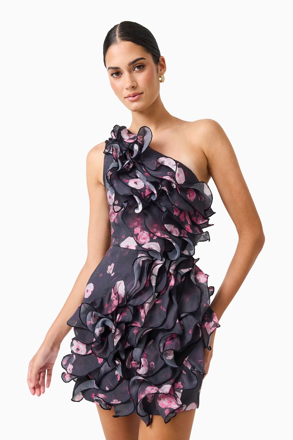 FLORISSE RUFFLE MINI DRESS IN BLACK & PINK FLORAL